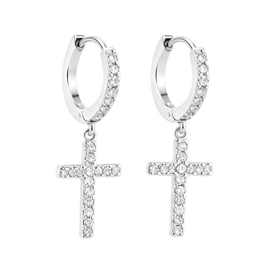 Immagine di Orecchini  Croce Acciaio Inox Zirconi Elegante Unisex - Croce Brilla