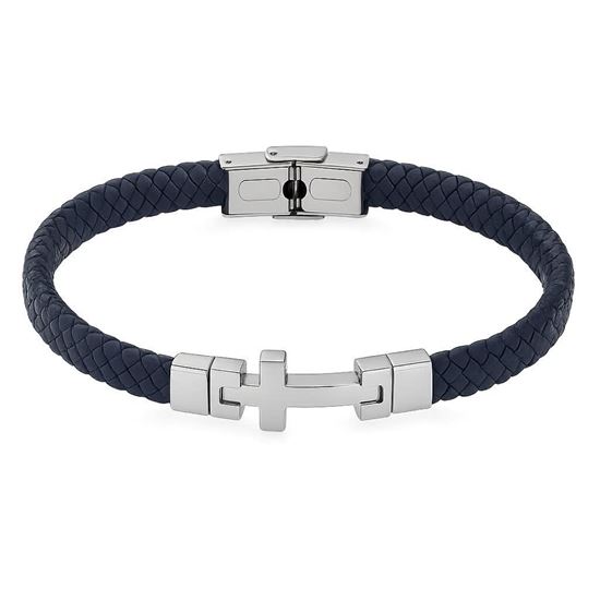 Immagine di Bracciale uomo  eco pelle  e acciaio- Leather Cross Blu Navy