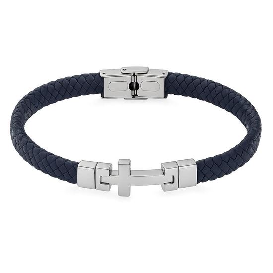 Immagine di Bracciale uomo  eco pelle  e acciaio- Leather Cross Blu Navy
