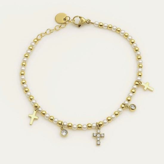 Immagine di Bracciale donna in acciaio con pendente croce-  Croce Perlina