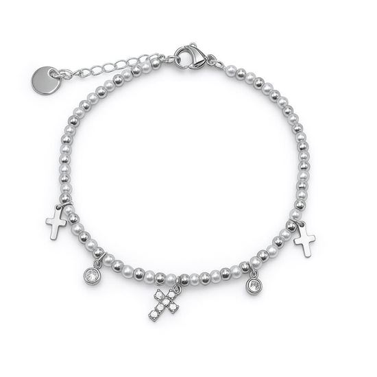Immagine di Bracciale donna in acciaio con pendente croce-  Croce Perlina